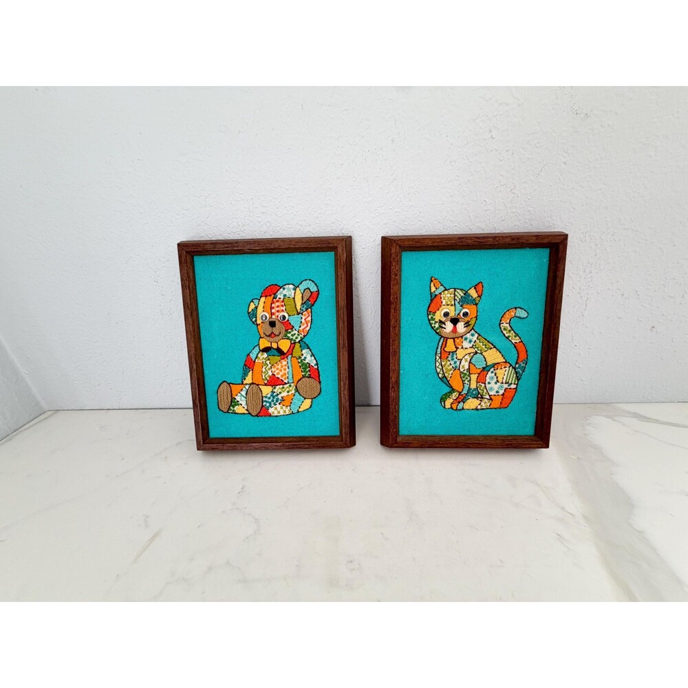 Vintage Small 1970s Needlepoint Childrens Art Set of 2 Cat & Teddy Bear